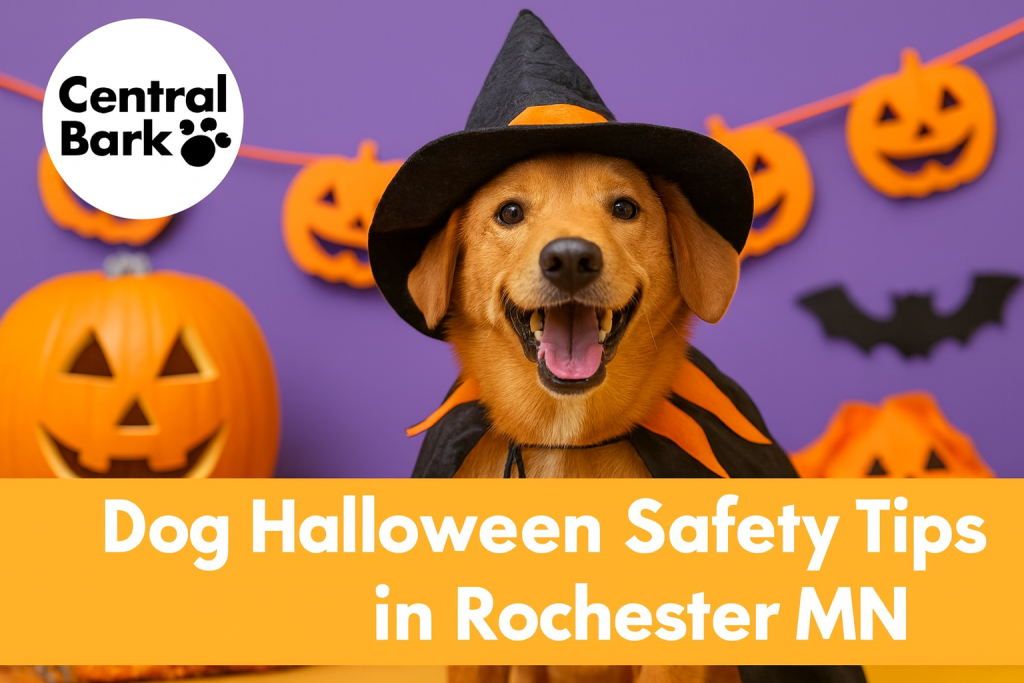 Dog in a safe Halloween costume at Central Bark Rochester, MN – dog Halloween safety tips in Rochester MN