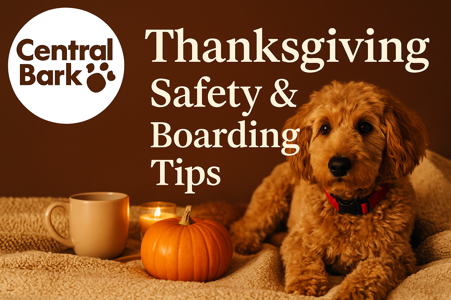 Happy dog relaxing indoors near cozy fall décor — Thanksgiving safety and boarding tips from Central Bark Rochester, MN