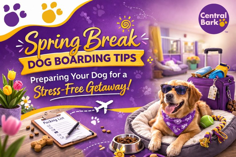 Golden retriever relaxing in a cozy boarding setup with travel items, representing spring break dog boarding preparation.