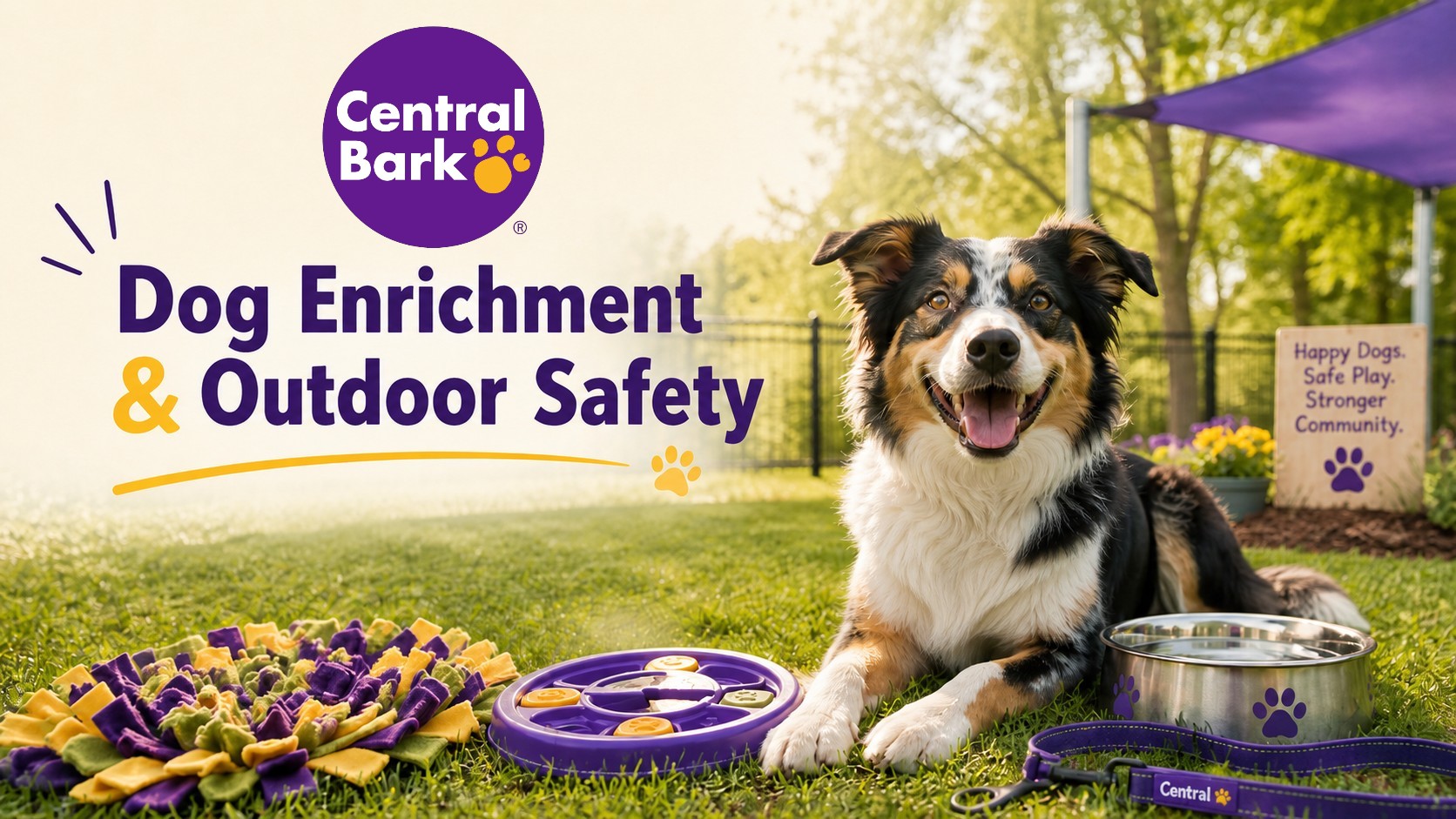 Happy dog outdoors with enrichment toys, water bowl, and leash, representing dog enrichment and outdoor safety.