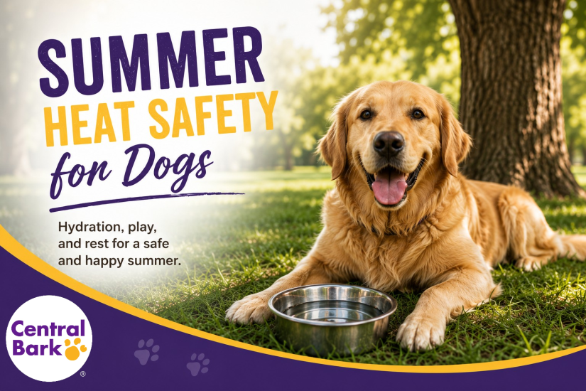 Happy dog resting in the shade with a water bowl, representing summer heat safety for dogs.